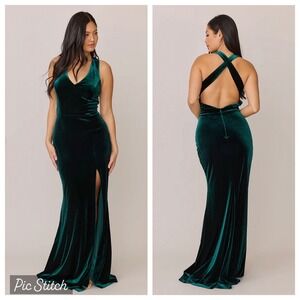 Revelry Asher Emerald Green Velvet Open Back V-Neck Maxi Gown Dress Size 12
